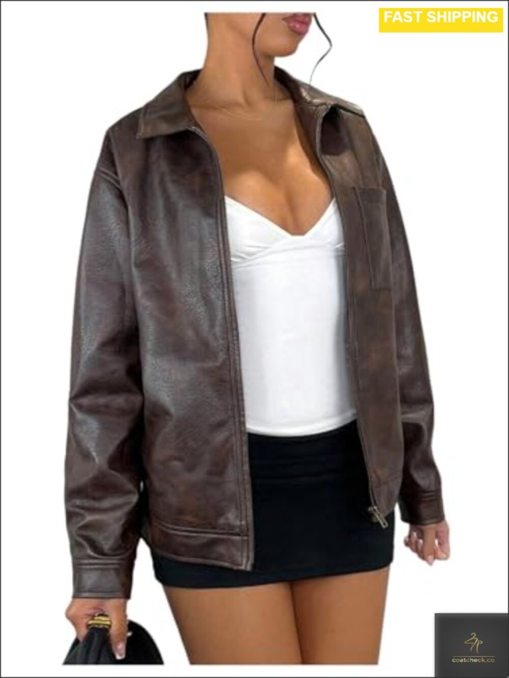 Women Faux Leather Vintage Style Zip Up Long Sleeve Bomber Jacket